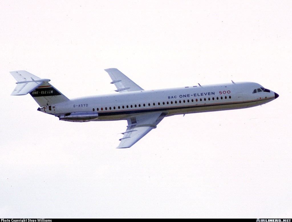 BAC One-Eleven 500 prototype G-ASYD in BAC house colours flying at Biggin Hill in 1968