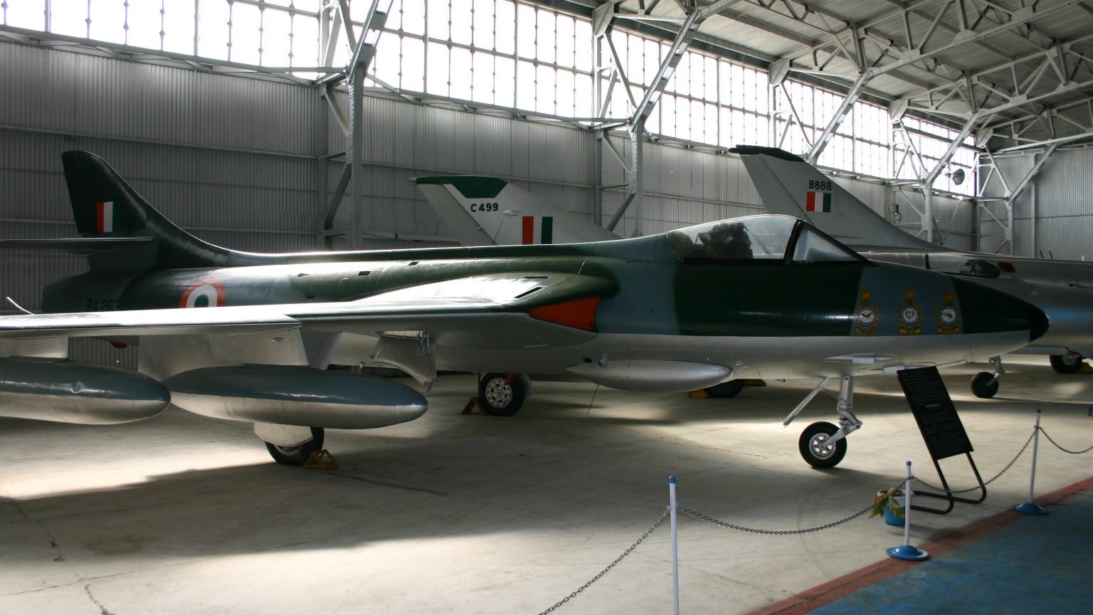 Indian Air Force Hawker Hunter F.56 BA263 on display in a museum hangar