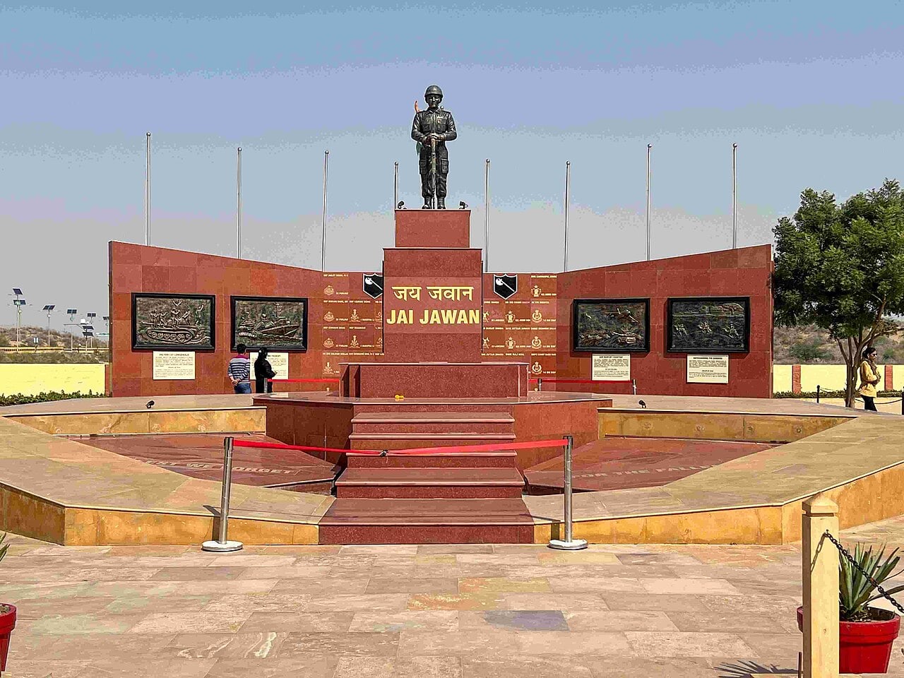 Longewala war memorial with a soldier statue in the Thar Desert