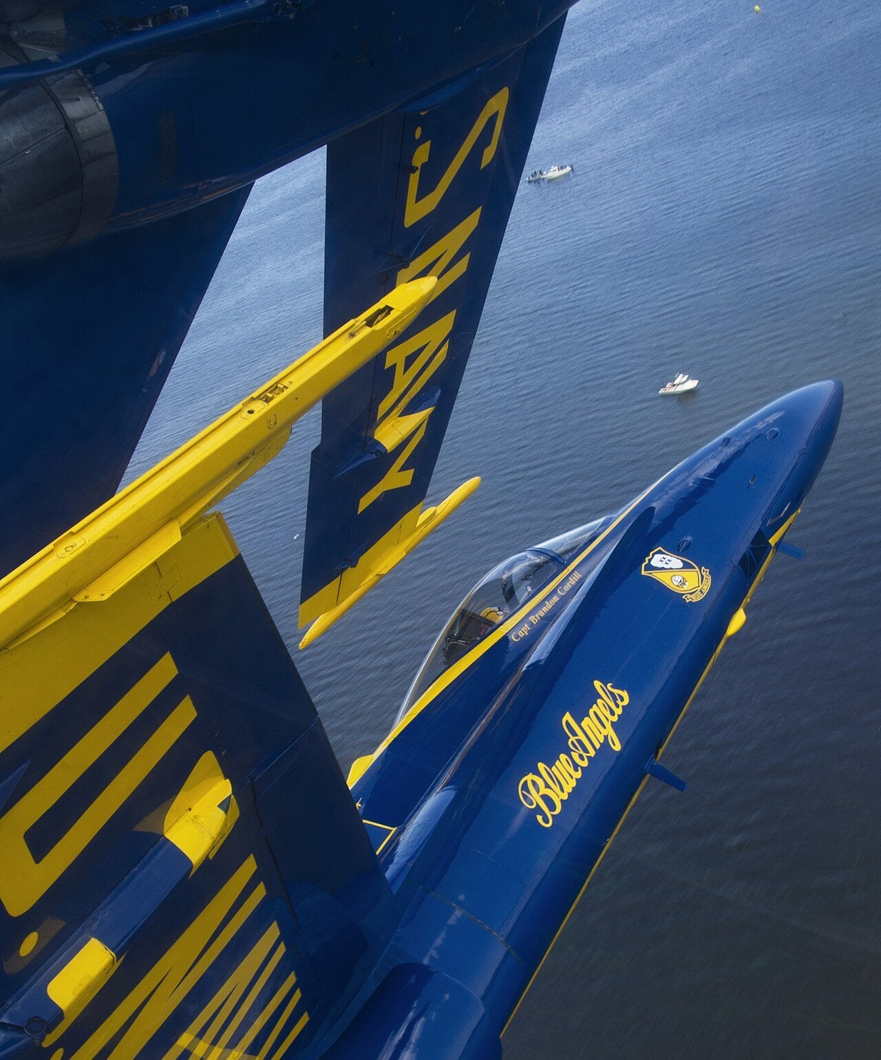 Blue Angels F/A-18 Hornet canopy seen just below the leader’s wingtip during the Diamond 360 over Baltimore