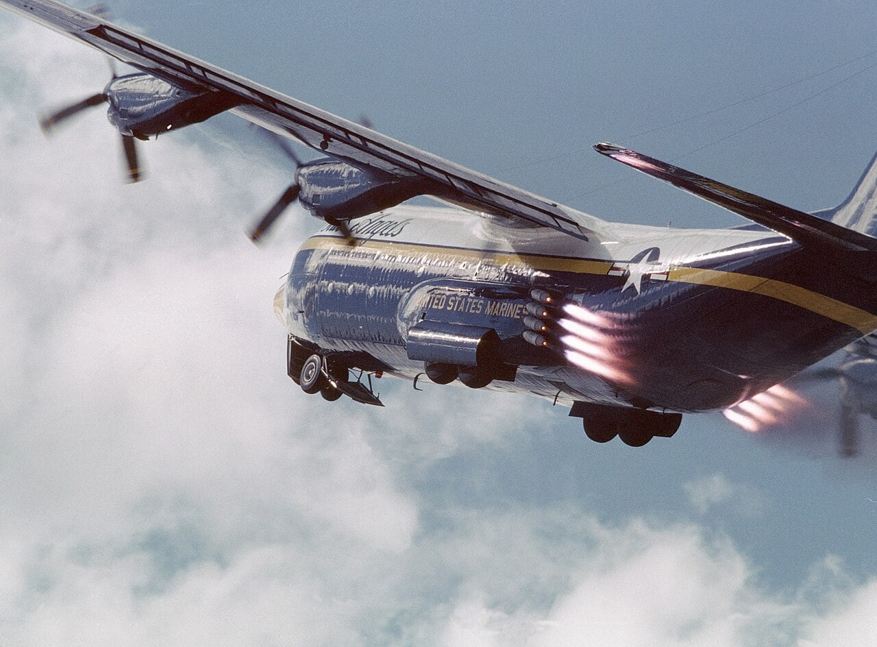 Blue Angels KC-130F Hercules firing JATO rockets during takeoff in 1984