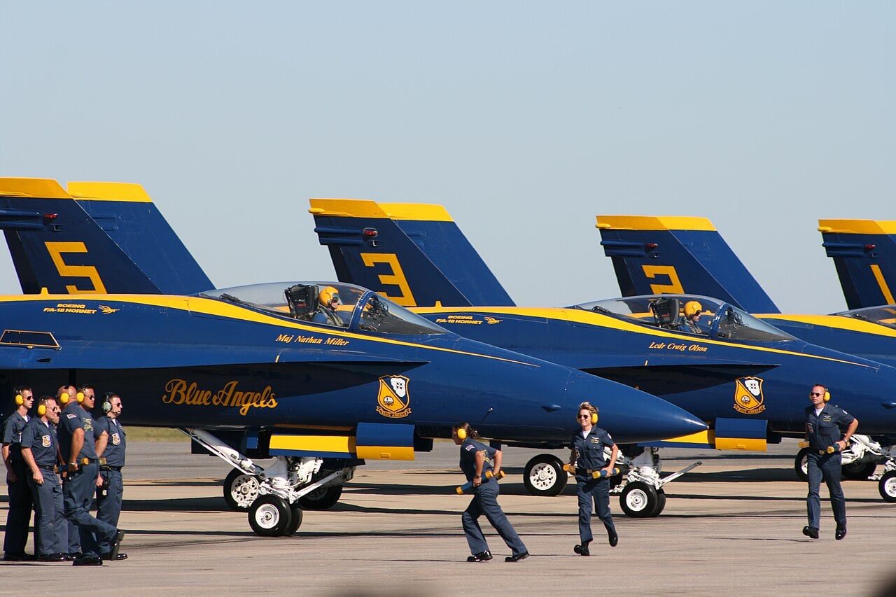 US Navy Blue Angels F/A-18 Hornets lined up with ground crew at the NAS Jacksonville Air Show in 2008