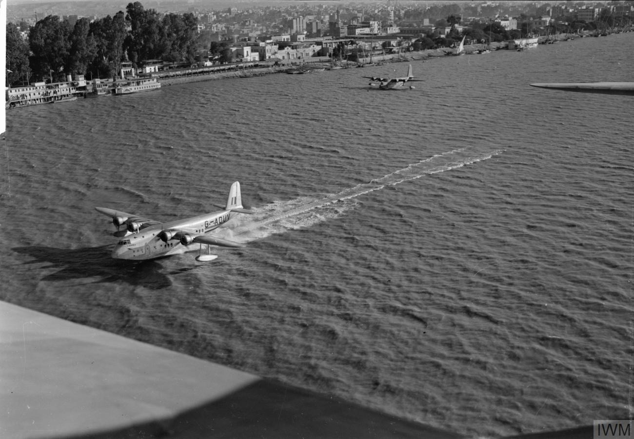 BOAC Short S.23 Empire flying boat G-ADUV Cambria taking off from the Nile at the Rod el Farag flying-boat base in Cairo