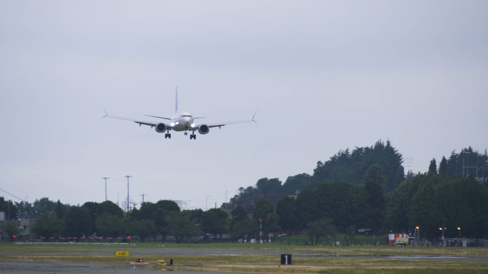 Boeing 737-10 test aircraft on final approach to North Boeing Field in Seattle