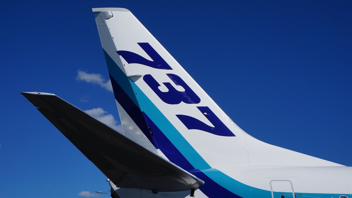 The horizontal stabilizer and fin of a Boeing 737-800 against a blue sky
