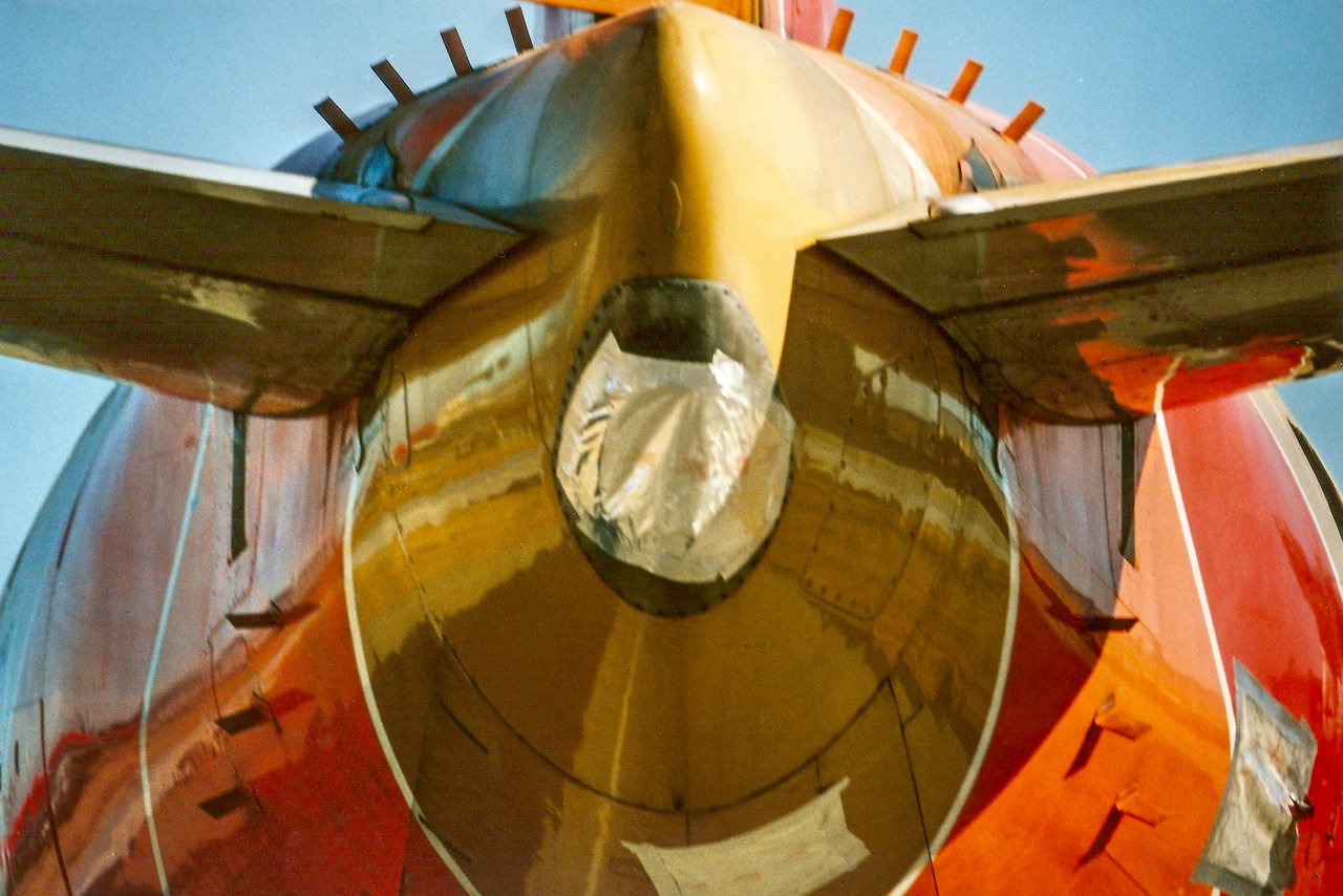 Tail cone of an early Southwest Airlines Boeing 737 seen from behind, with vortex generators above and below the horizontal stabilizer