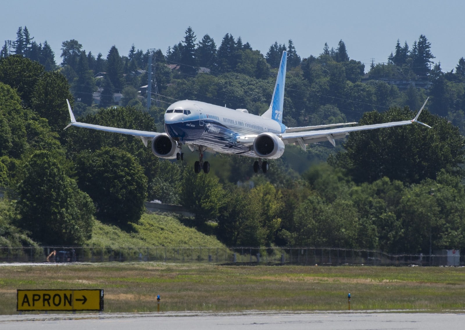 Boeing 737-10 prototype landing at Boeing Field after its first flight in June 2021