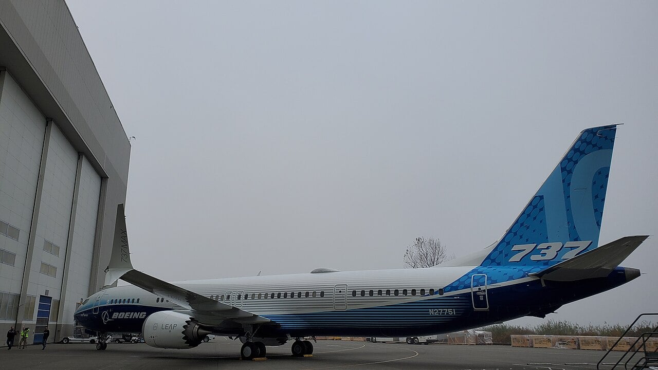 First Boeing 737 MAX 10, N27751, in Boeing livery The first Boeing 737 MAX 10 prototype N27751 in blue Boeing house livery outside the Renton factory