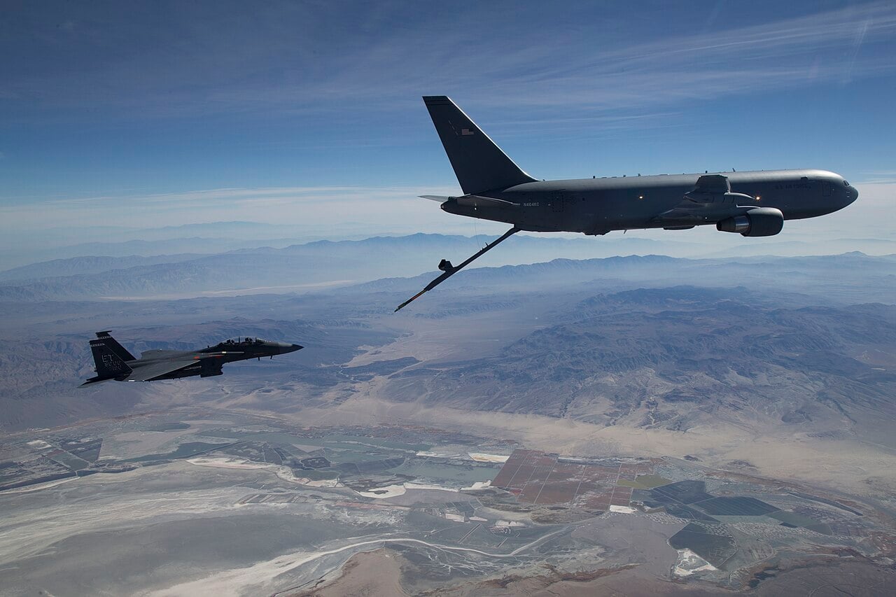 Boeing KC-46A Pegasus refuelling an F-15 Strike Eagle