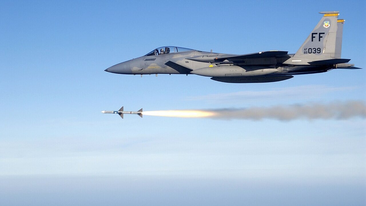 F-15C Eagle fires an AIM-7 Sparrow A US Air Force F-15C Eagle launching an AIM-7 Sparrow radar-guided missile over the Gulf of Mexico