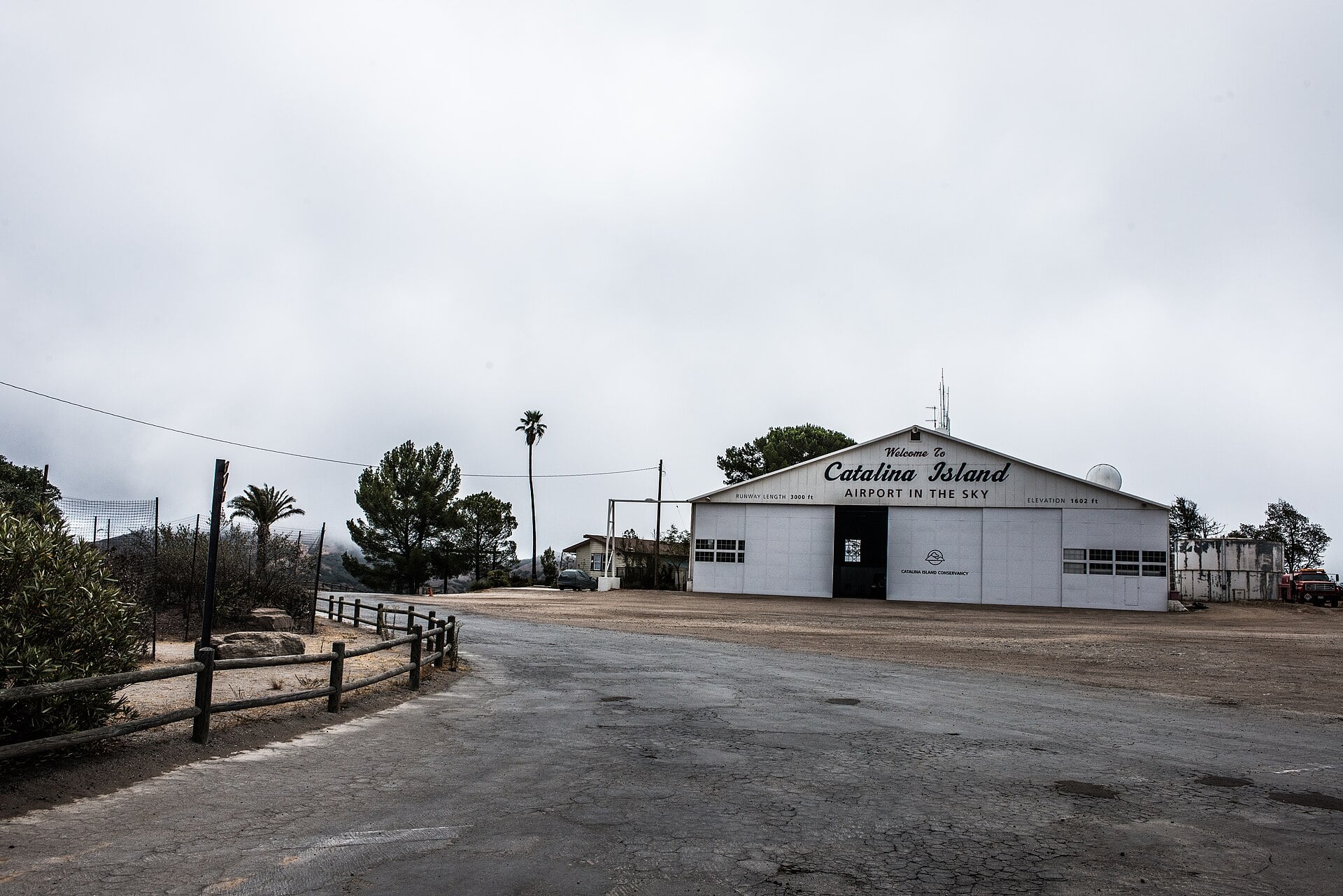 The hangar at Catalina Airport, the Airport in the Sky, with runway length and elevation painted on the gable