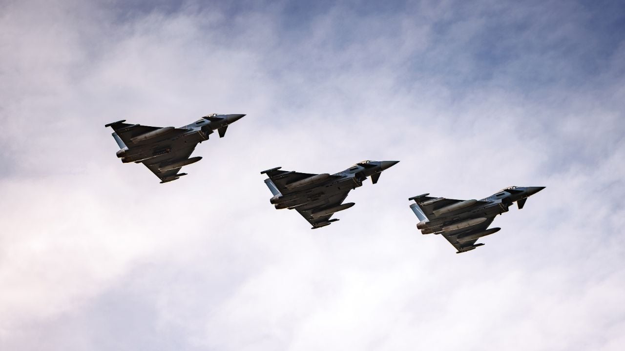 Three German Air Force Eurofighter Typhoons flying in formation during Exercise Cobra Warrior 26-2