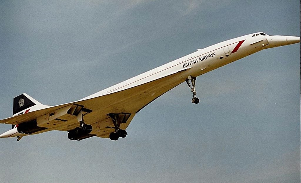 Concorde landing at a high nose-up attitude with its delta wing