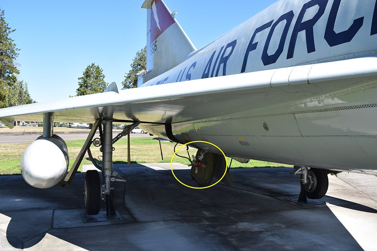 Ram air turbine under the wing of a Convair F-102A Delta Dagger