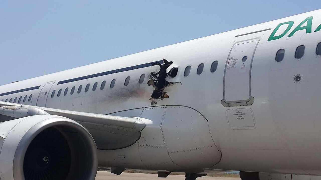 Hole blown in the fuselage of Daallo Airlines A321 SX-BHS above the wing after the 2016 bombing