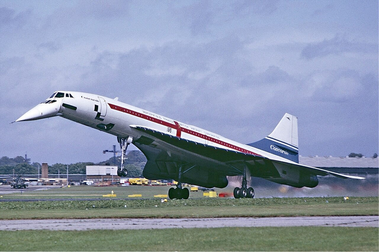 Concorde landing nose-high at Farnborough with its ogival delta wing