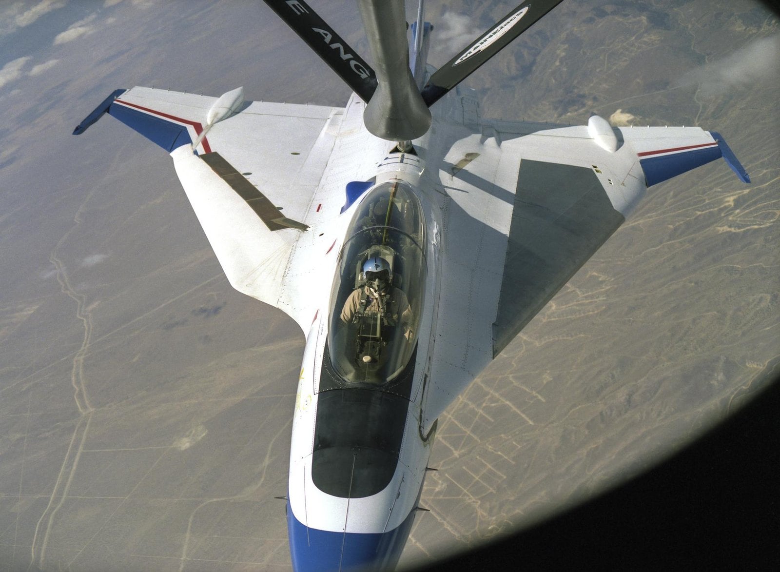 NASA F-16XL cranked-arrow delta wing seen from above during air refuelling