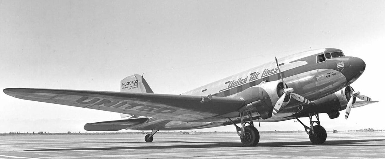 Douglas Sleeper Transport of United Air Lines on the ground at Oakland