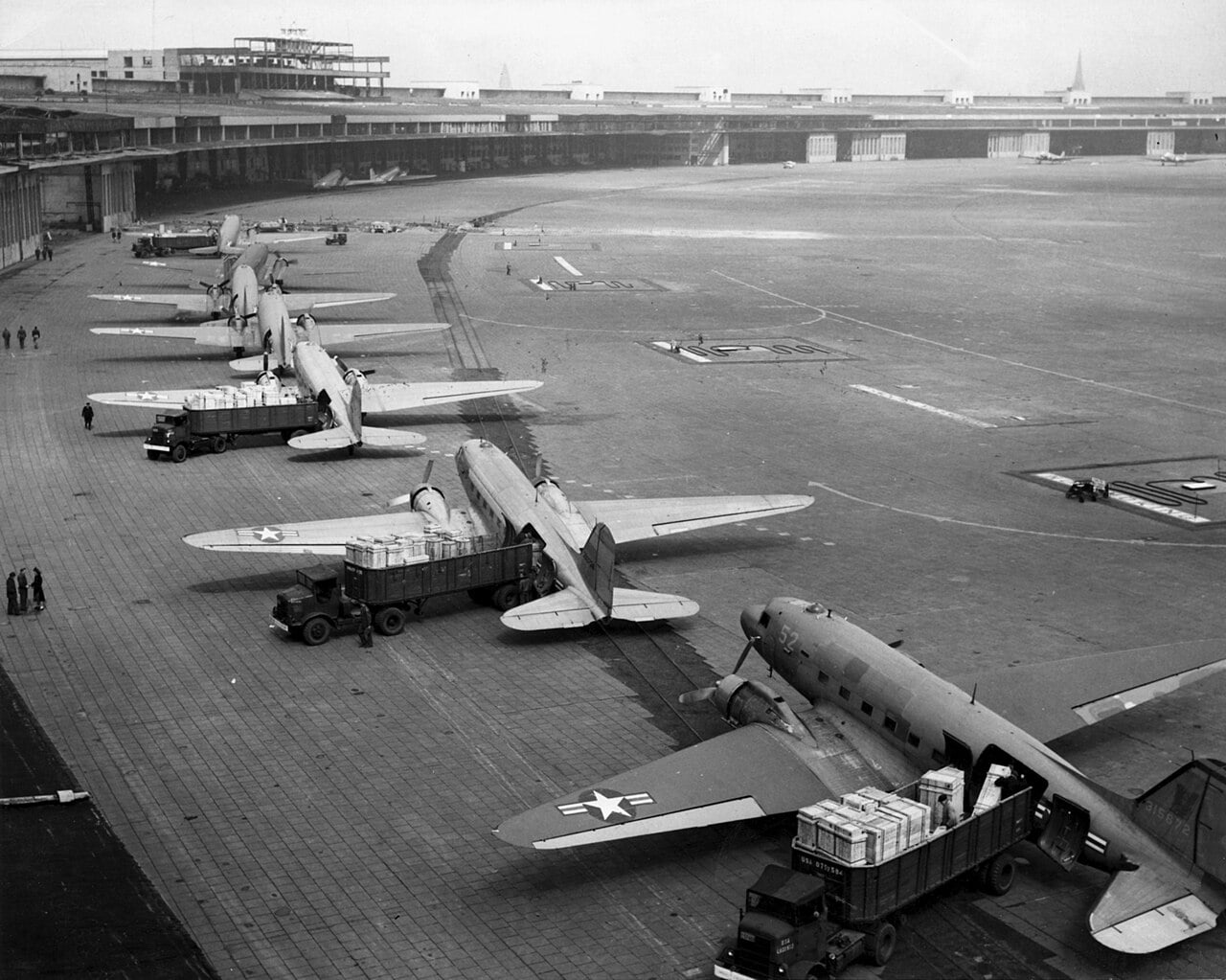 C-47 transports unloading at Tempelhof during the 1948 Berlin Airlift