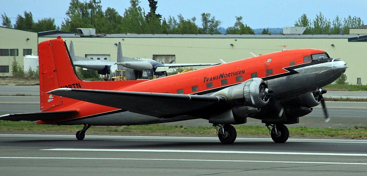 TransNorthern Douglas DC-3 landing at Anchorage, Alaska