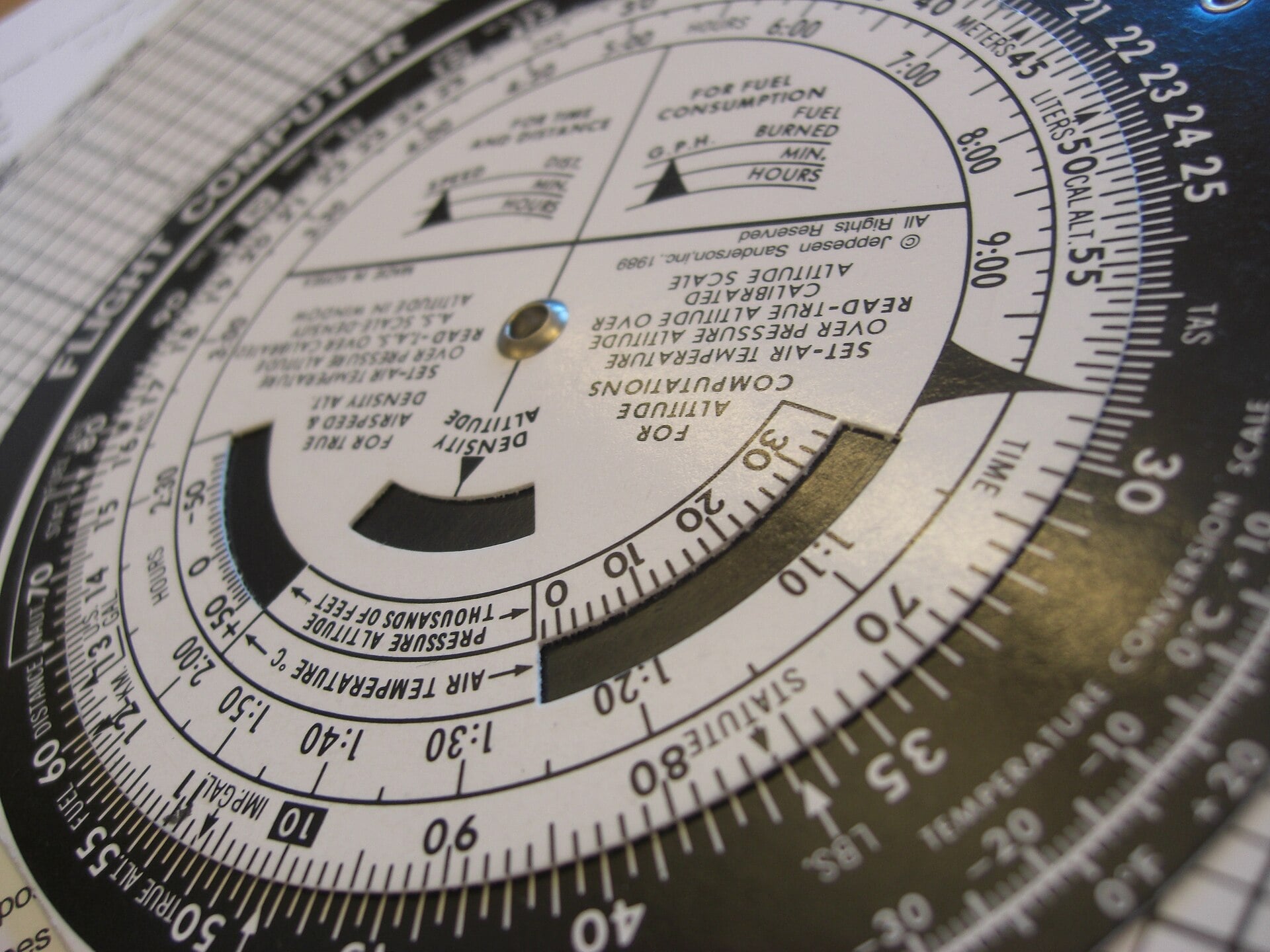 A flight computer showing the circular slide rule scales used for dead reckoning calculations