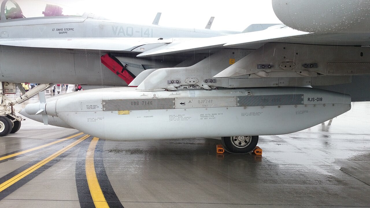 AN/ALQ-99F tactical jamming system pod mounted under the wing of a US Navy EA-18G Growler of squadron VAQ-141