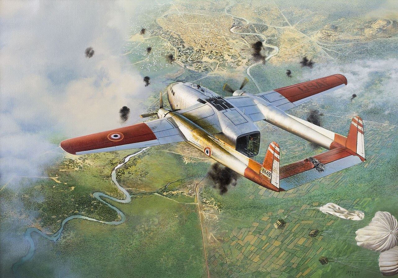 Painting of McGovern's C-119 over Dien Bien Phu
