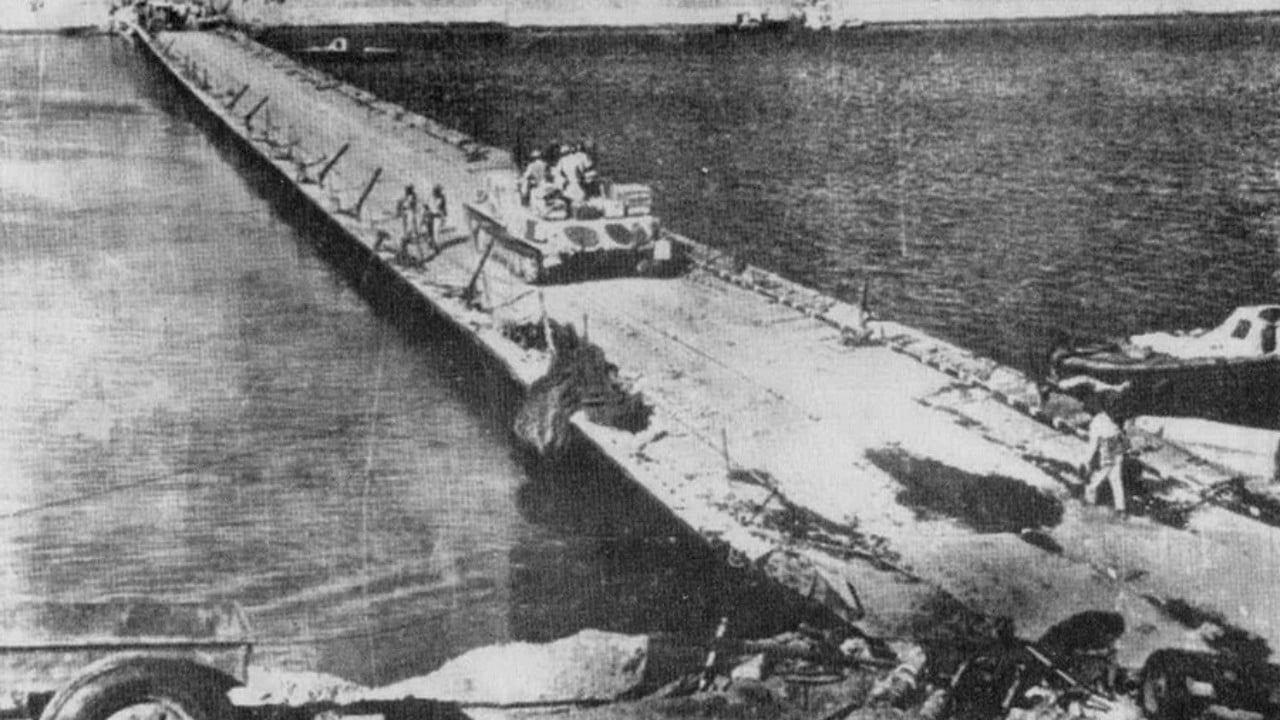 An Egyptian armoured vehicle crossing the Suez Canal during the October 1973 war