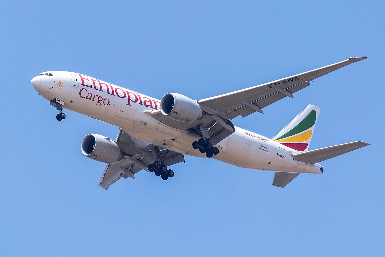 Ethiopian Cargo Boeing 777 Freighter ET-AWE on approach to Madrid