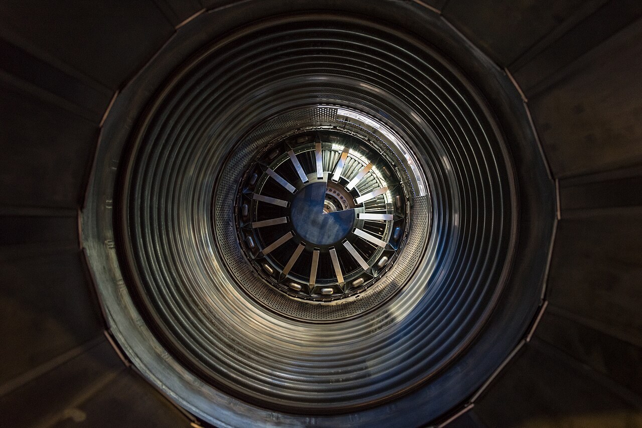 View into the afterburner section of a Eurojet EJ200 low-bypass turbofan for the Eurofighter Typhoon at ILA Berlin 2016