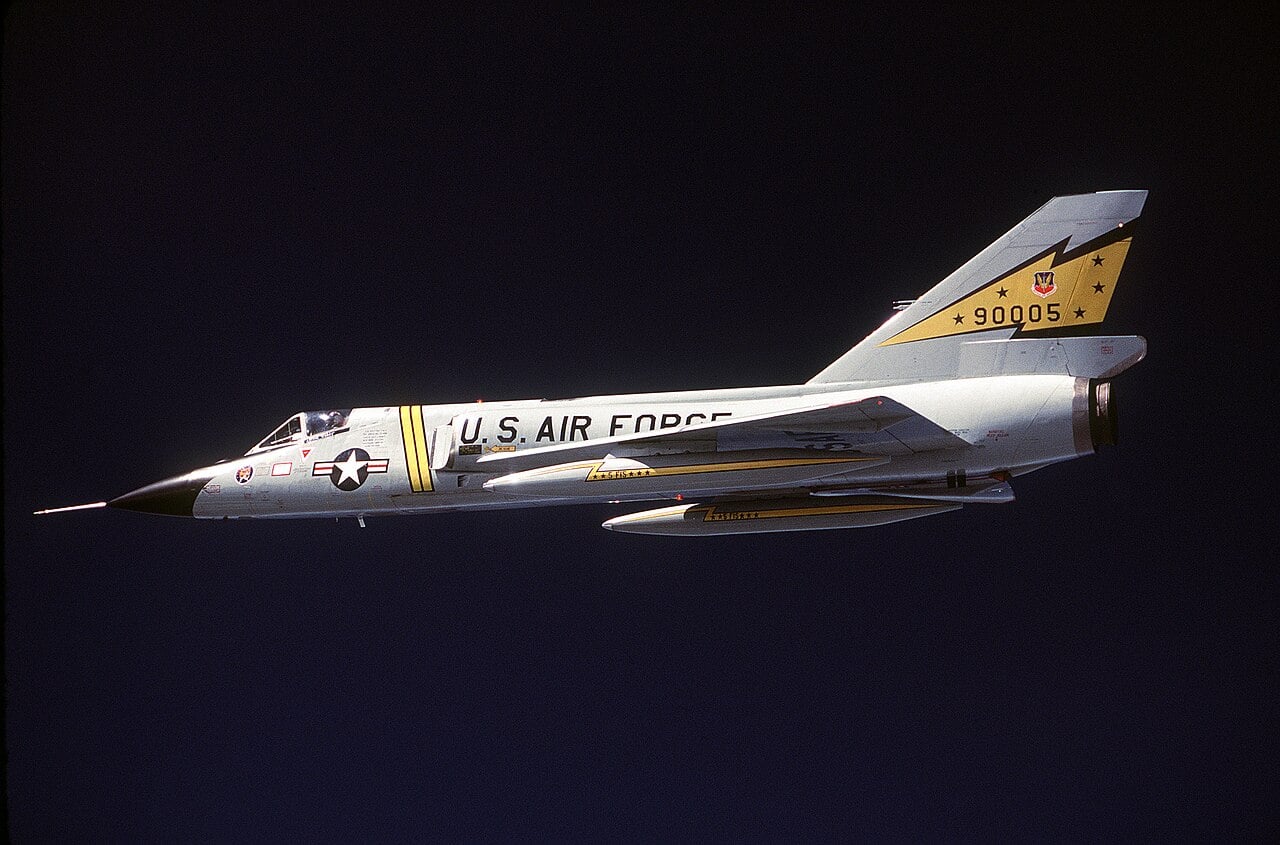 A US Air Force F-106 Delta Dart interceptor of the 5th Fighter Interceptor Squadron in flight