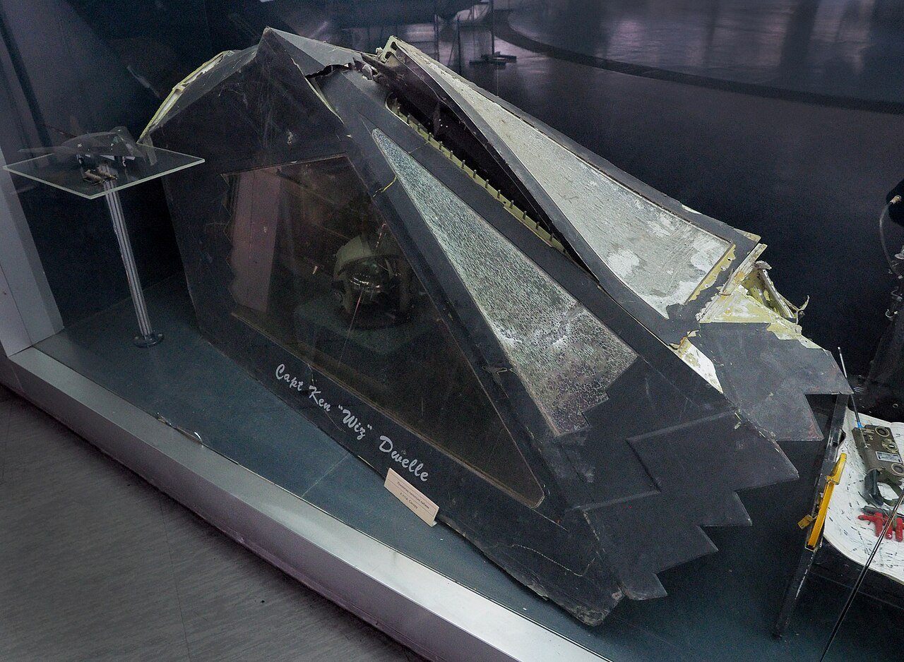 Faceted canopy with flat panels and saw-tooth edges from the F-117 Nighthawk shot down over Serbia in 1999, on display in Belgrade