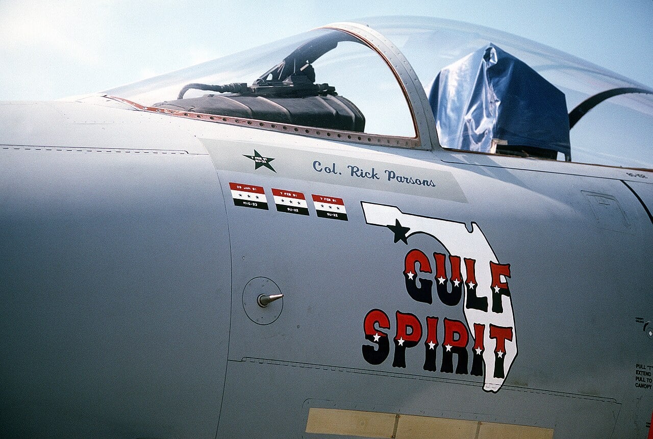 Nose art reading Gulf Spirit and three Iraqi flag kill markings under the cockpit of a US Air Force F-15C flown by Col. Rick Parsons