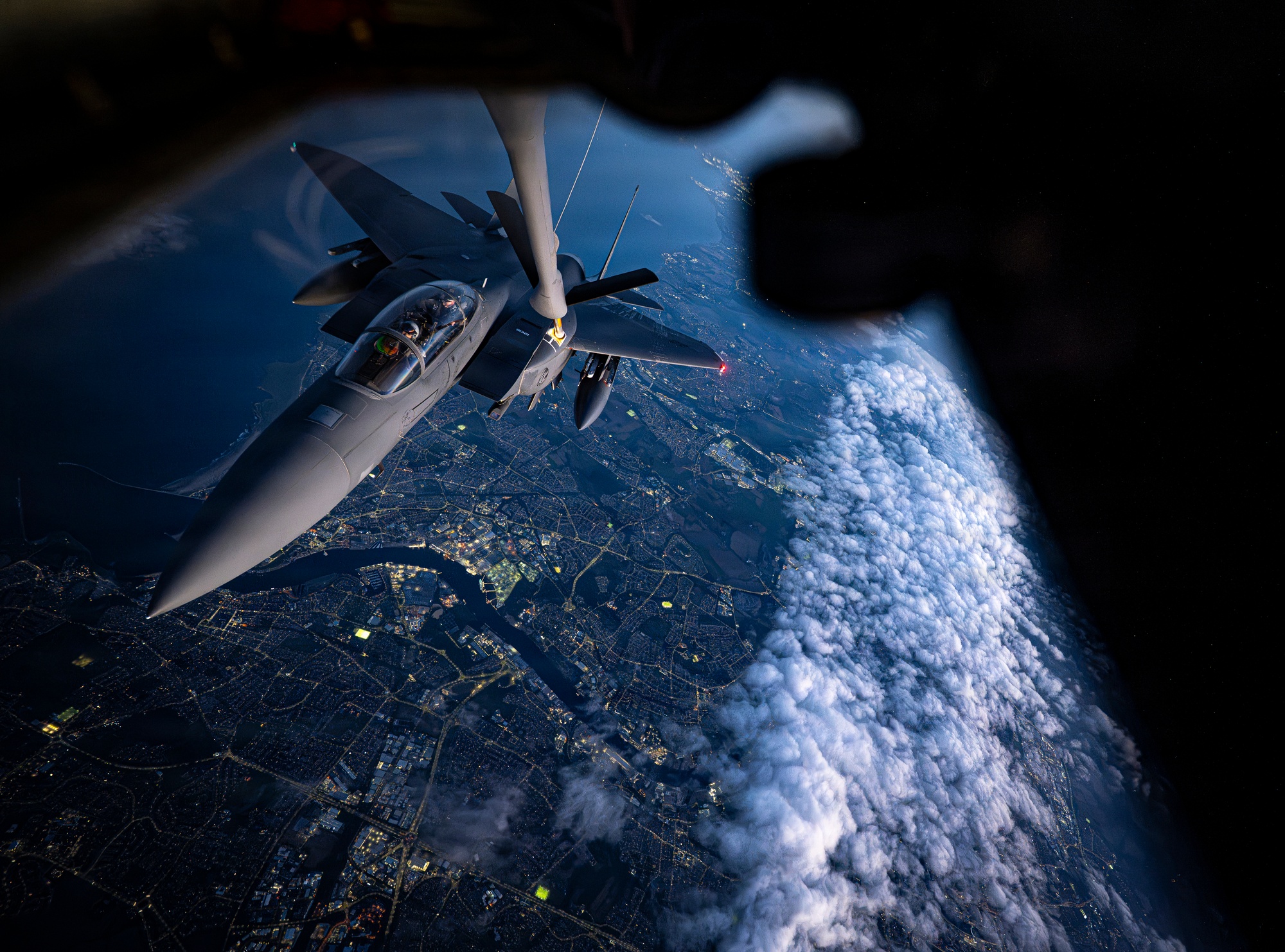 An F-15E Strike Eagle takes fuel from a KC-135 Stratotanker during exercise Atlantic Thunder over Scotland