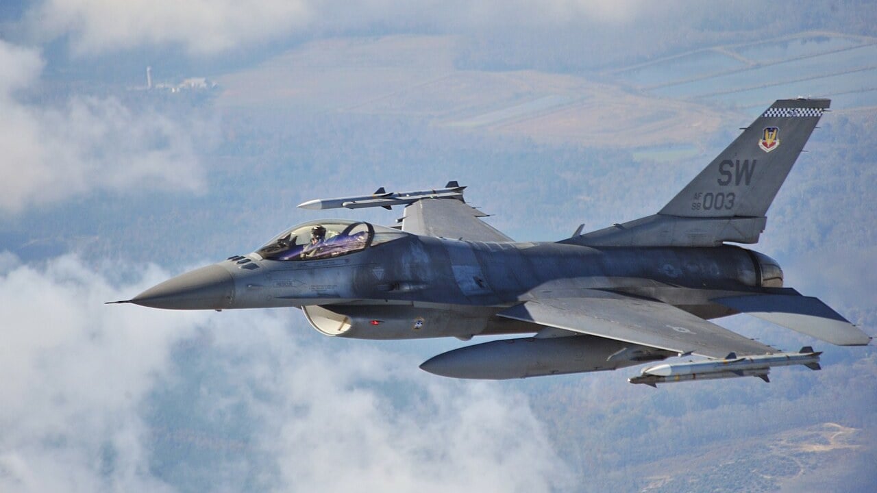 US Air Force F-16 alert fighter of the 55th Fighter Squadron approaching to head-butt a Civil Air Patrol Cessna during exercise Fertile Keynote in 2009, an archive image and not the Palm Beach intercept aircraft