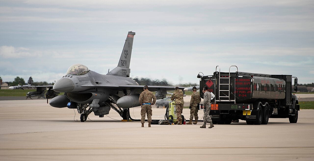 F-16 refuelled by a fuel truck during exercise Rapid Weasel