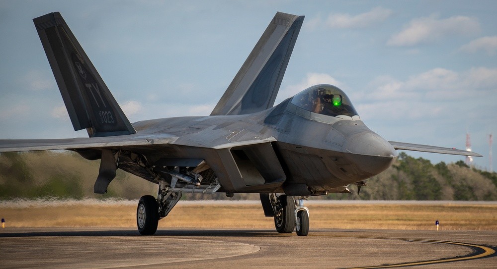 A 325th Fighter Wing F-22A Raptor with TY tail code taxies at Eglin Air Force Base in November 2018