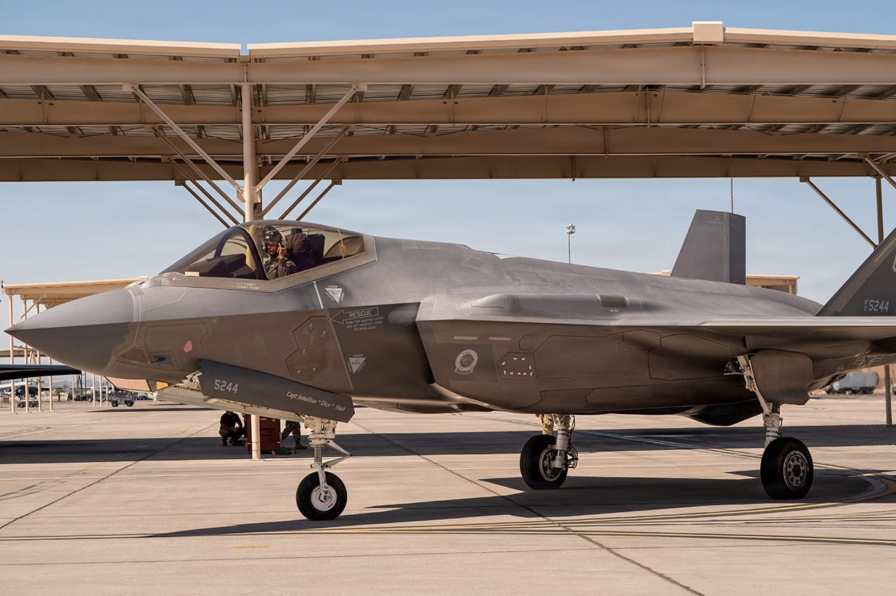 F-35 of the 422nd Test and Evaluation Squadron taxiing at Nellis AFB