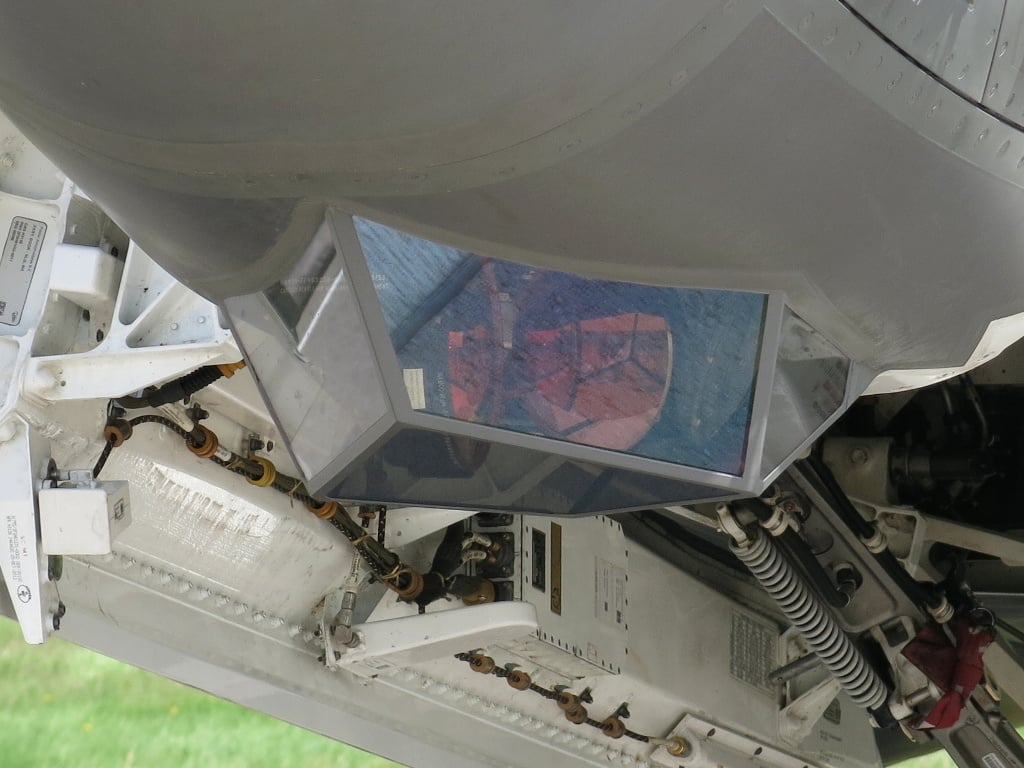 The faceted EOTS window under the nose of an F-35A