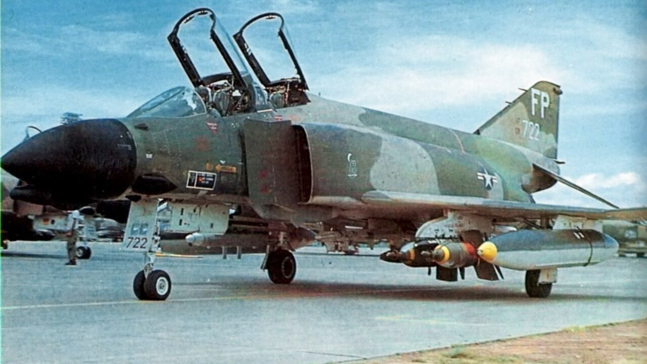 USAF F-4D Phantom II of the 497th Tactical Fighter Squadron armed with two BOLT-117 laser-guided bombs at Ubon, Thailand, in 1971