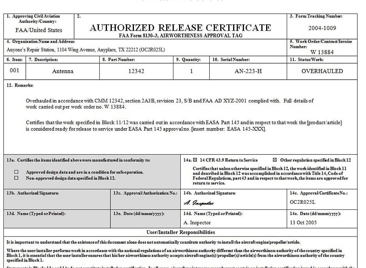 The FAA sample of a completed Form 8130-3 used for a dual release approval
