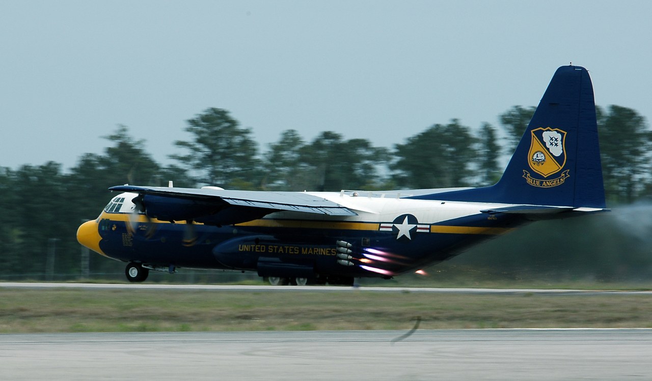 Blue Angels C-130 Fat Albert taking off with JATO rocket bottles