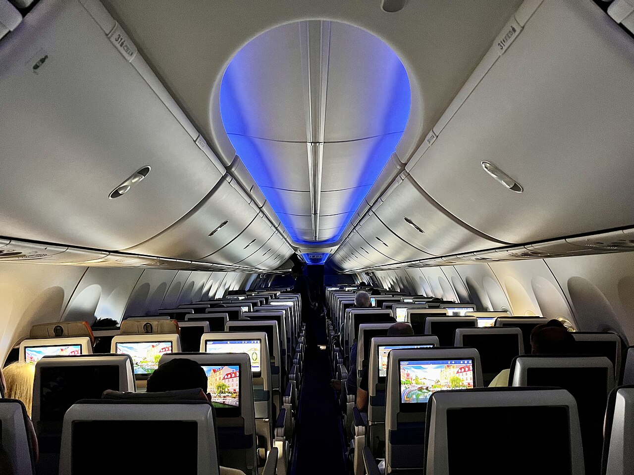 Economy cabin of a flydubai Boeing 737 MAX