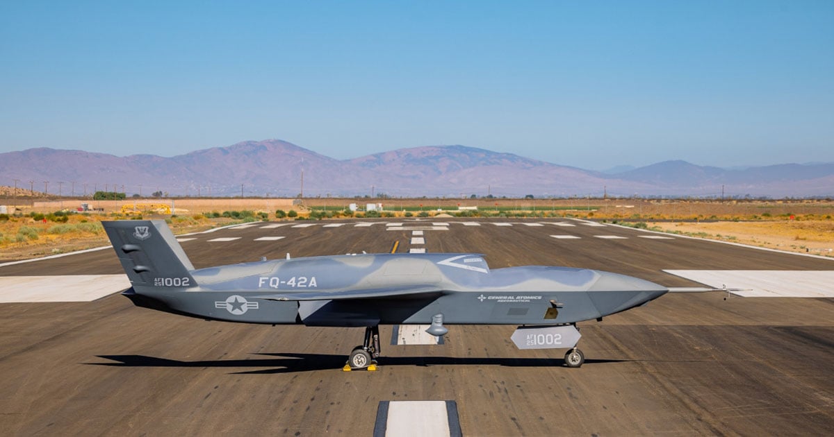 FQ-42A Vengeance 1002 on the runway General Atomics FQ-42A Vengeance collaborative combat aircraft with tail number 1002 on a desert runway