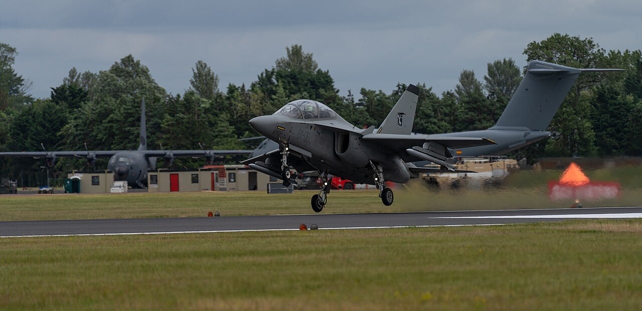 Italian Air Force Leonardo T-346A (M-346) taking off at RIAT 2019