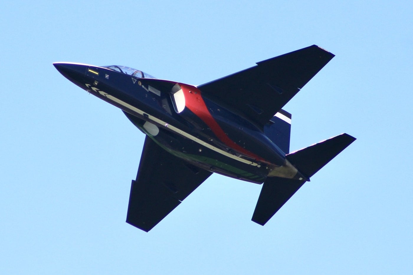 Underside of the first Frecce Tricolori M-346 showing the asymmetric belly livery