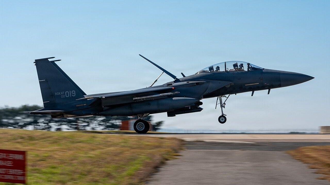 ROKAF F-15K lands at Kunsan Air Base during Freedom Flag Republic of Korea Air Force F-15K Slam Eagle landing at Kunsan Air Base during a Freedom Flag exercise