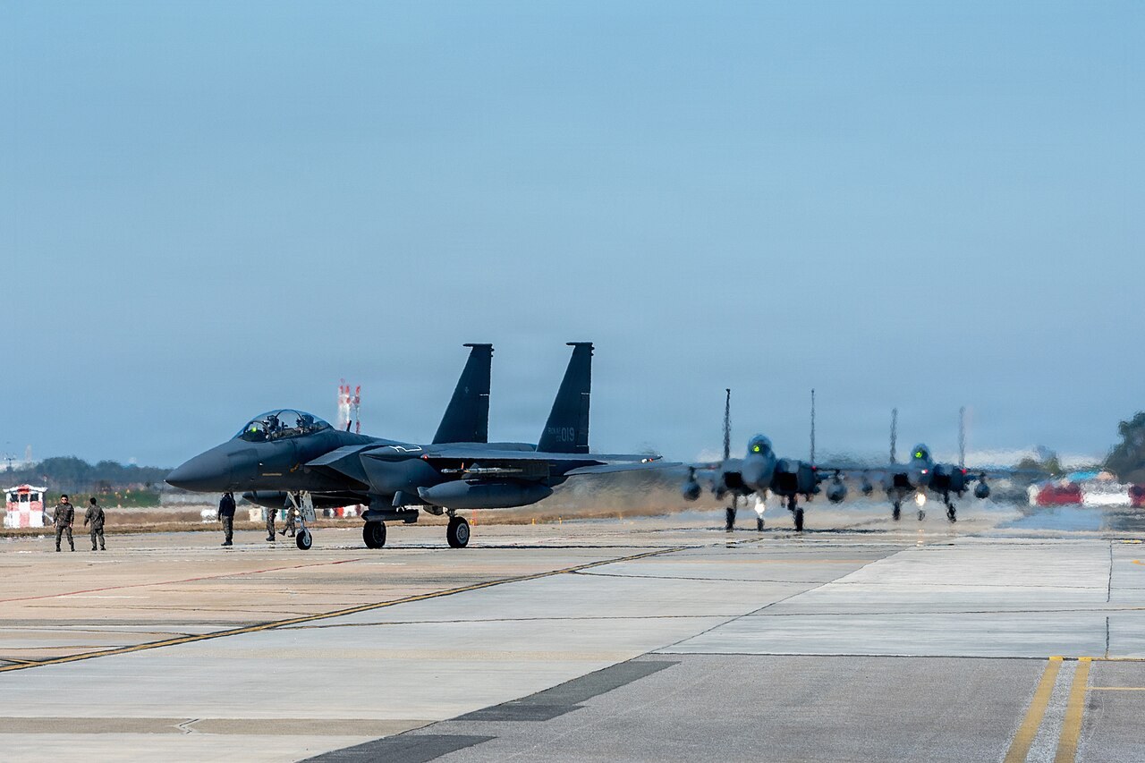 Republic of Korea Air Force F-15K Slam Eagles taxiing at Kunsan Air Base during Freedom Flag 25-2