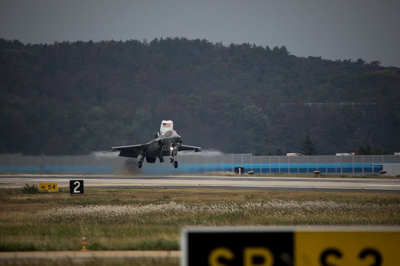US Marine Corps F-35B Lightning II landing at Pohang, South Korea, during exercise Freedom Flag 24-1 in October 2024