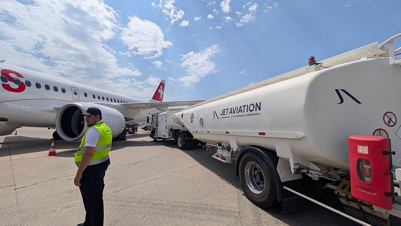 SWISS Airbus A220-300 being refuelled